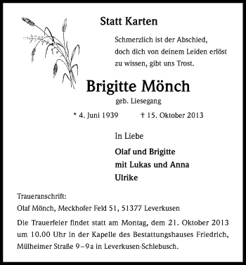 Anzeige von Brigitte Mönch von Kölner Stadt-Anzeiger / Kölnische Rundschau / Express