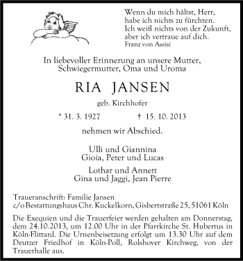 Anzeige von Ria Jansen von Kölner Stadt-Anzeiger / Kölnische Rundschau / Express