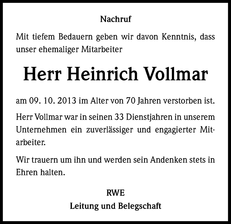  Traueranzeige für Heinrich Vollmar vom 18.10.2013 aus Kölner Stadt-Anzeiger / Kölnische Rundschau / Express