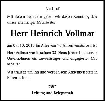 Anzeige von Heinrich Vollmar von Kölner Stadt-Anzeiger / Kölnische Rundschau / Express