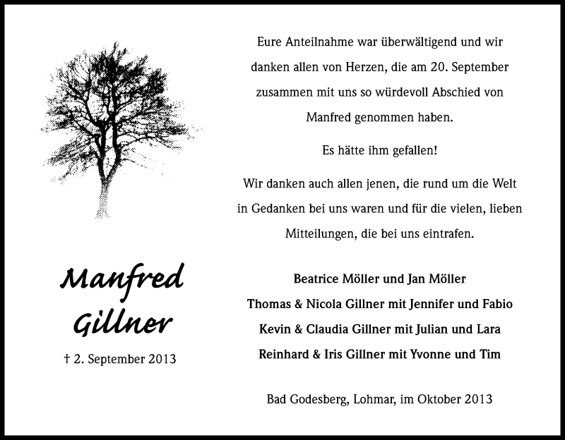  Traueranzeige für Manfred Gillner vom 19.10.2013 aus Kölner Stadt-Anzeiger / Kölnische Rundschau / Express