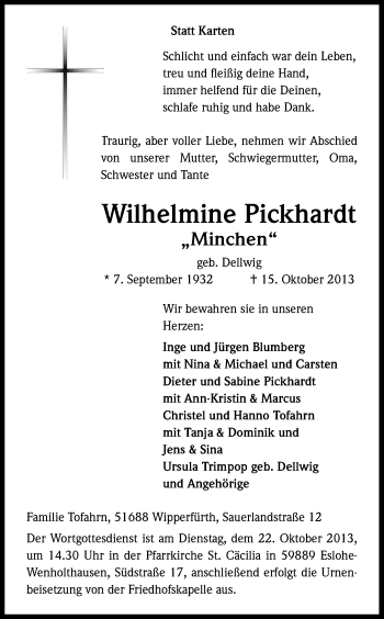 Anzeige von Wilhelmine Pickhardt von Kölner Stadt-Anzeiger / Kölnische Rundschau / Express