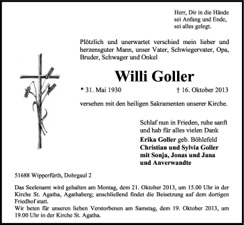 Anzeige von Willi Goller von Kölner Stadt-Anzeiger / Kölnische Rundschau / Express