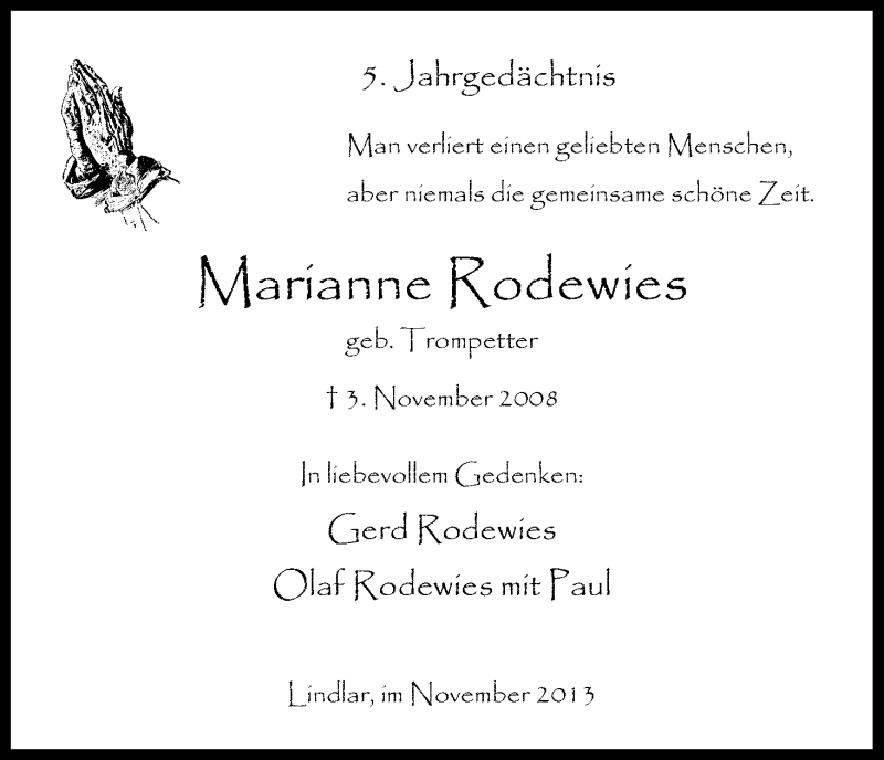  Traueranzeige für Marianne Rodewies vom 02.11.2013 aus Kölner Stadt-Anzeiger / Kölnische Rundschau / Express