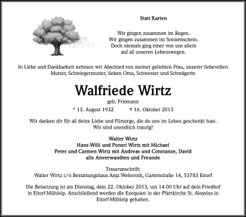 Anzeige von Walfriede Wirtz von Kölner Stadt-Anzeiger / Kölnische Rundschau / Express