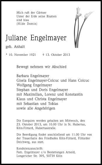 Anzeige von Juliane Engelmayer von Kölner Stadt-Anzeiger / Kölnische Rundschau / Express