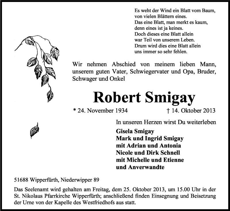  Traueranzeige für Robert Smigay vom 19.10.2013 aus Kölner Stadt-Anzeiger / Kölnische Rundschau / Express