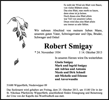 Anzeige von Robert Smigay von Kölner Stadt-Anzeiger / Kölnische Rundschau / Express