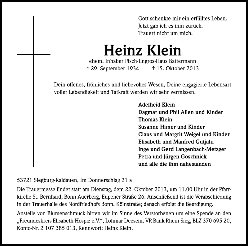  Traueranzeige für Heinz Klein vom 19.10.2013 aus Kölner Stadt-Anzeiger / Kölnische Rundschau / Express