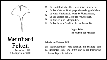 Anzeige von Meinhard Felten von Kölner Stadt-Anzeiger / Kölnische Rundschau / Express