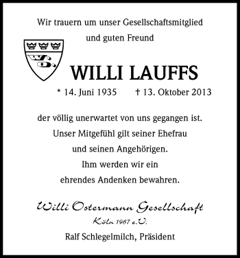 Anzeige von Willi Lauffs von Kölner Stadt-Anzeiger / Kölnische Rundschau / Express