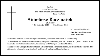 Anzeige von Anneliese Kaczmarek von Kölner Stadt-Anzeiger / Kölnische Rundschau / Express