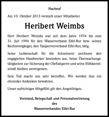 Anzeige von Heribert Weimbs von Kölner Stadt-Anzeiger / Kölnische Rundschau / Express
