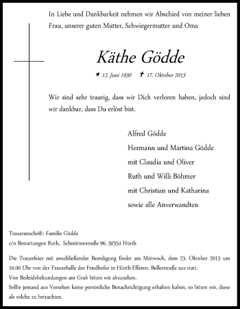 Anzeige von Käthe Gödde von Kölner Stadt-Anzeiger / Kölnische Rundschau / Express