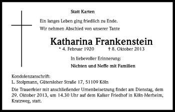 Anzeige von Katharina Frankenstein von Kölner Stadt-Anzeiger / Kölnische Rundschau / Express