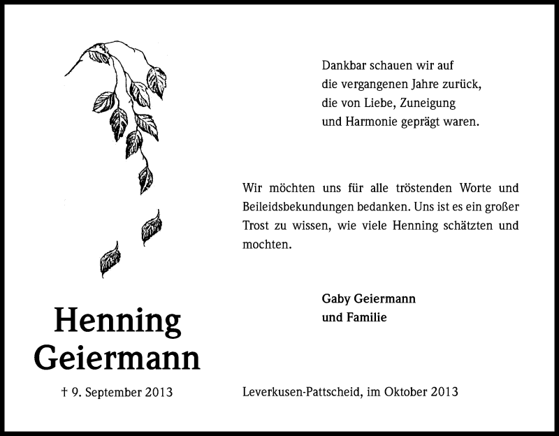  Traueranzeige für Henning Geiermann vom 19.10.2013 aus Kölner Stadt-Anzeiger / Kölnische Rundschau / Express