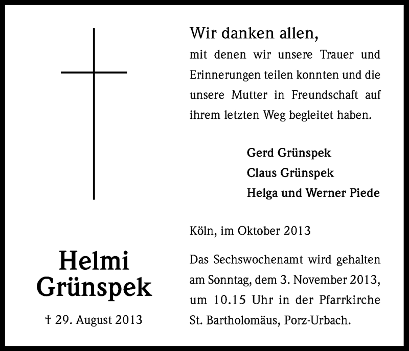  Traueranzeige für Helmi Grünspek vom 19.10.2013 aus Kölner Stadt-Anzeiger / Kölnische Rundschau / Express