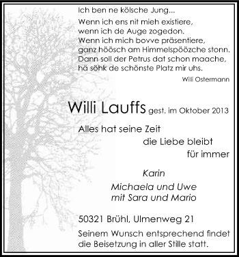 Anzeige von Willi Lauffs von Kölner Stadt-Anzeiger / Kölnische Rundschau / Express