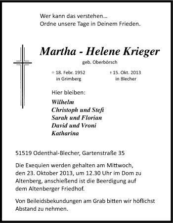 Anzeige von Martha-Helene Krieger von Kölner Stadt-Anzeiger / Kölnische Rundschau / Express