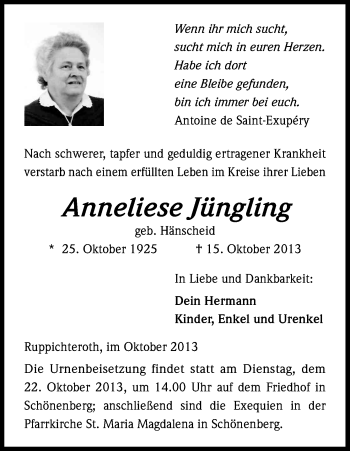 Anzeige von Anneliese Jüngling von Kölner Stadt-Anzeiger / Kölnische Rundschau / Express