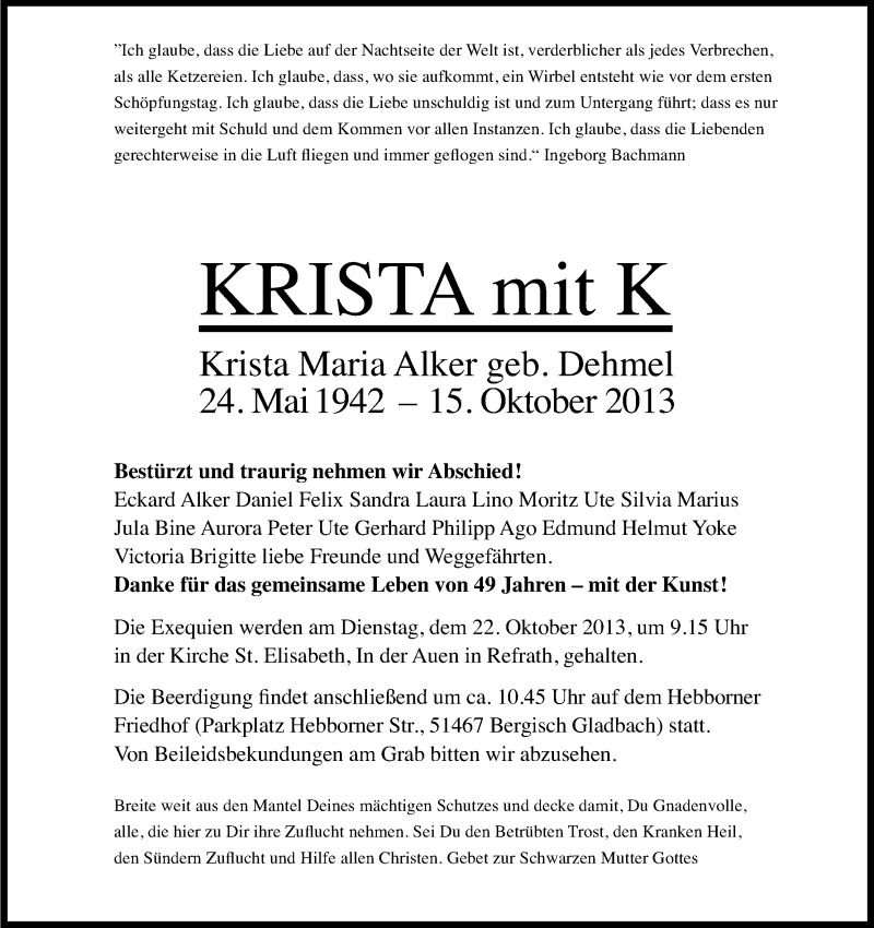 Traueranzeige für Krista Maria Alker vom 19.10.2013 aus Kölner Stadt-Anzeiger / Kölnische Rundschau / Express