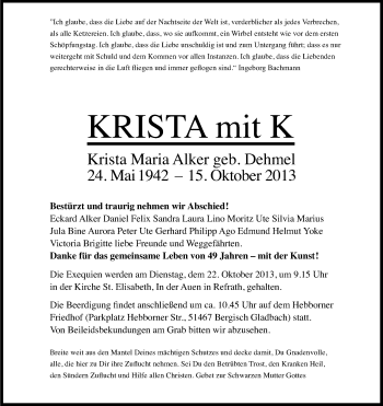 Anzeige von Krista Maria Alker von Kölner Stadt-Anzeiger / Kölnische Rundschau / Express