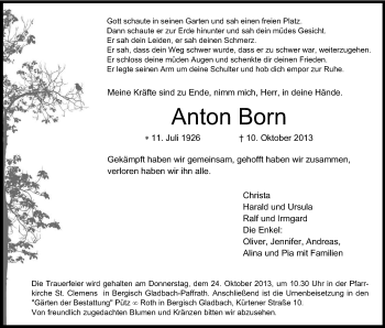 Anzeige von Anton Born von Kölner Stadt-Anzeiger / Kölnische Rundschau / Express