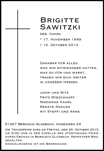 Anzeige von Brigitte Sawatzki von Kölner Stadt-Anzeiger / Kölnische Rundschau / Express