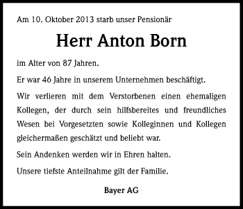 Anzeige von Anton Born von Kölner Stadt-Anzeiger / Kölnische Rundschau / Express