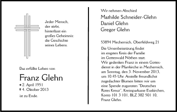 Anzeige von Franz Glehn von Kölner Stadt-Anzeiger / Kölnische Rundschau / Express