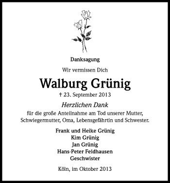 Anzeige von Walburg Grünig von Kölner Stadt-Anzeiger / Kölnische Rundschau / Express