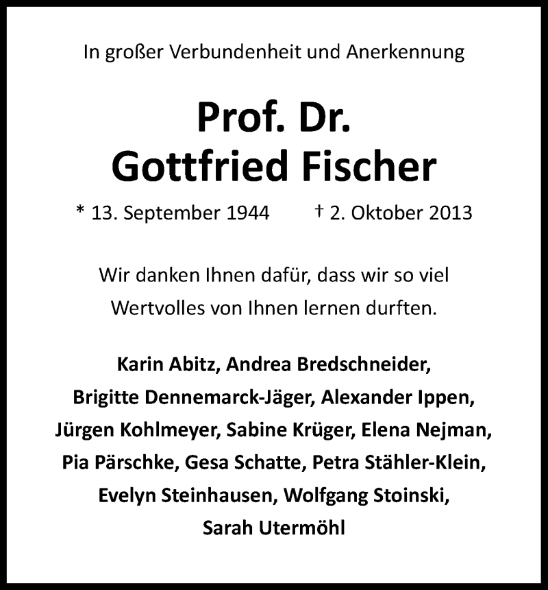  Traueranzeige für Gottfried Fischer vom 19.10.2013 aus Kölner Stadt-Anzeiger / Kölnische Rundschau / Express