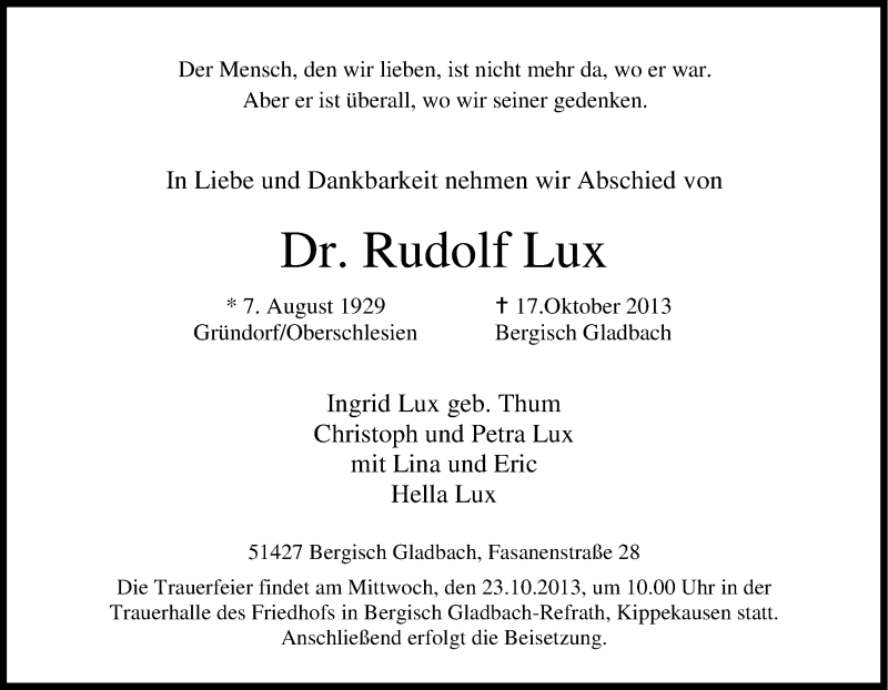  Traueranzeige für Rudolf Lux vom 19.10.2013 aus Kölner Stadt-Anzeiger / Kölnische Rundschau / Express