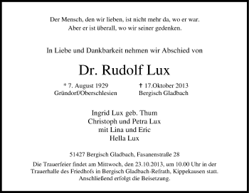 Anzeige von Rudolf Lux von Kölner Stadt-Anzeiger / Kölnische Rundschau / Express