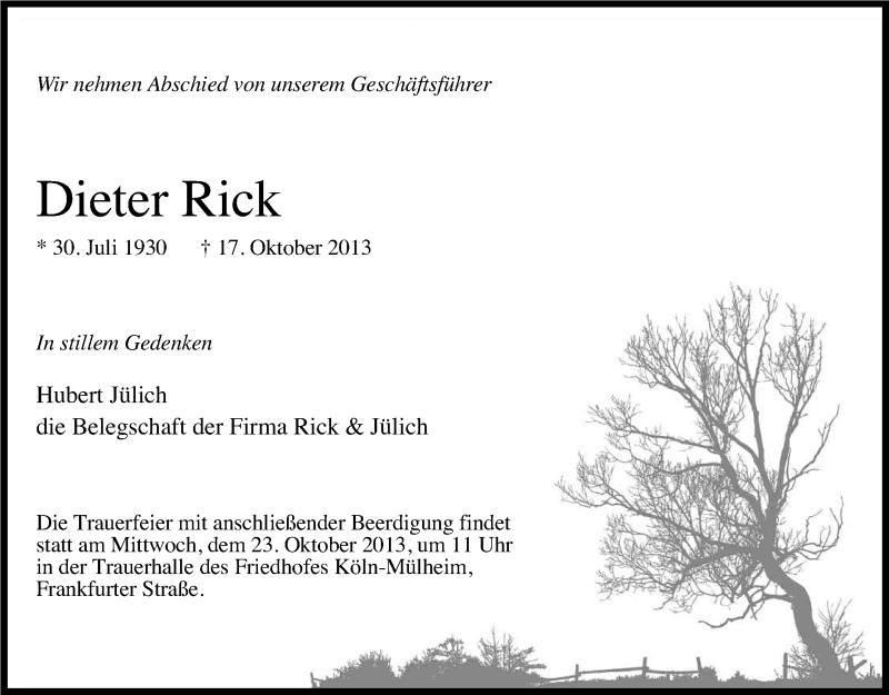  Traueranzeige für Dieter Rick vom 19.10.2013 aus Kölner Stadt-Anzeiger / Kölnische Rundschau / Express