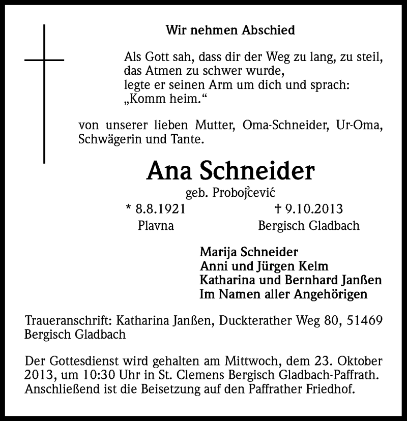  Traueranzeige für Ana Schneider vom 19.10.2013 aus Kölner Stadt-Anzeiger / Kölnische Rundschau / Express
