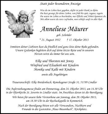 Anzeige von Anneliese Mäurer von Kölner Stadt-Anzeiger / Kölnische Rundschau / Express