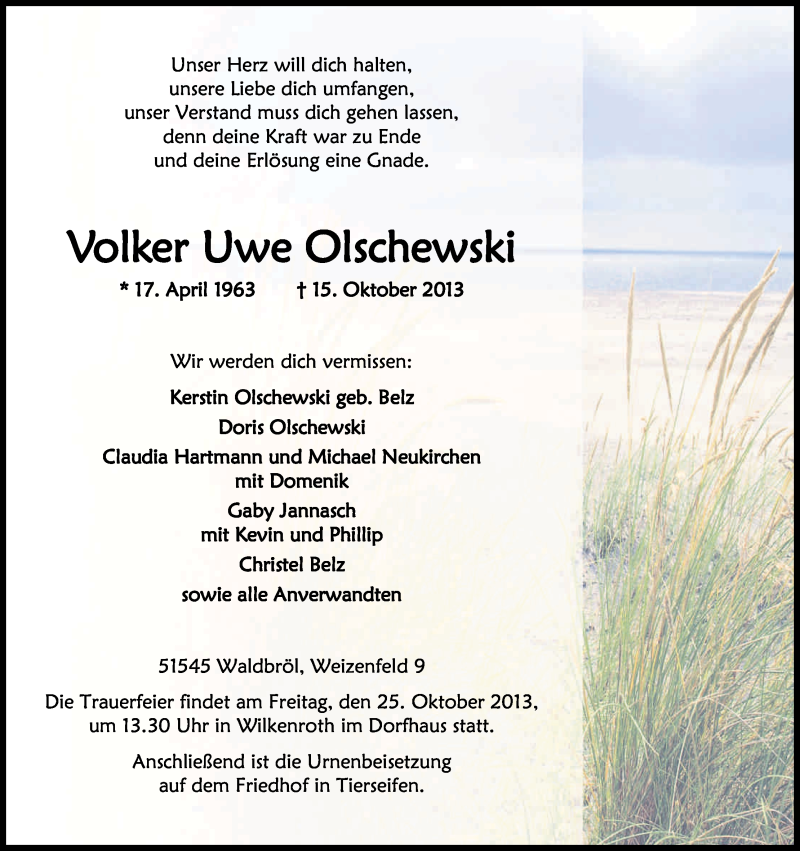  Traueranzeige für Volker Olschewski vom 19.10.2013 aus Kölner Stadt-Anzeiger / Kölnische Rundschau / Express