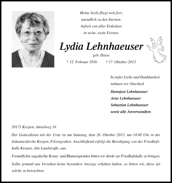 Anzeige von Lydia Lehnhaeuser von Kölner Stadt-Anzeiger / Kölnische Rundschau / Express
