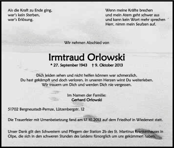 Anzeige von Irmtraut Orlowski von Kölner Stadt-Anzeiger / Kölnische Rundschau / Express