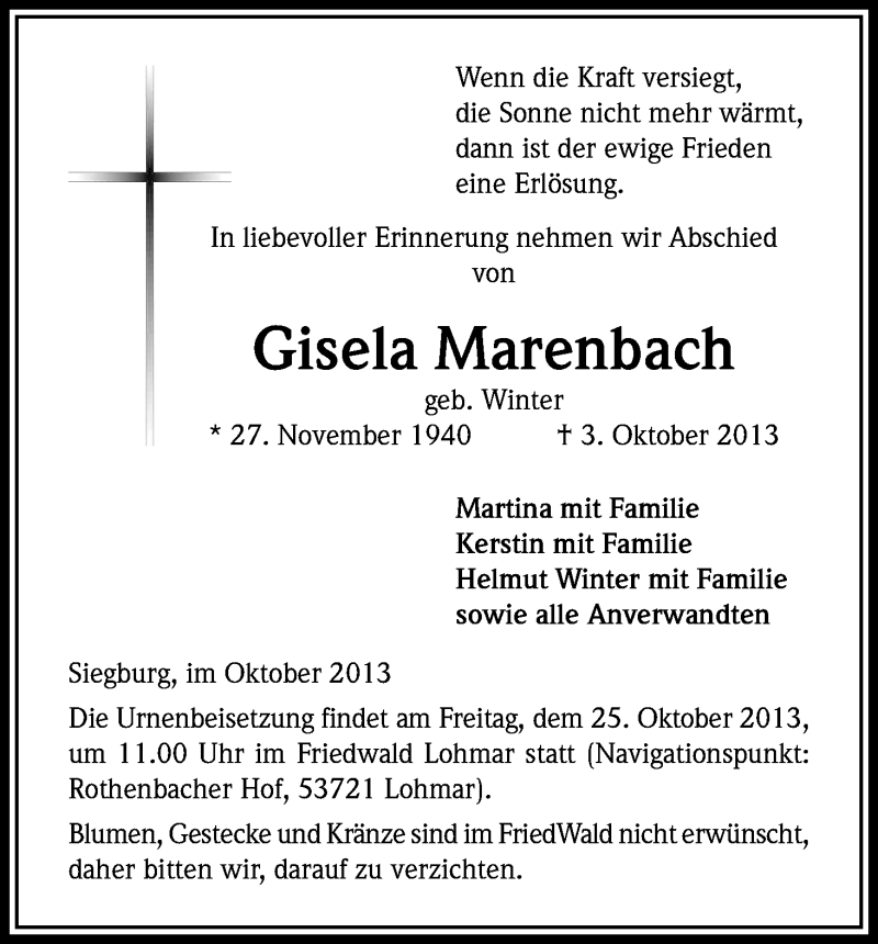 Traueranzeige für Gisela Marenbach vom 19.10.2013 aus Kölner Stadt-Anzeiger / Kölnische Rundschau / Express