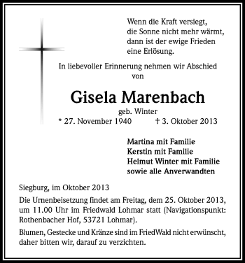 Anzeige von Gisela Marenbach von Kölner Stadt-Anzeiger / Kölnische Rundschau / Express