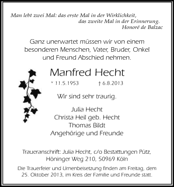 Anzeige von Manfred Hecht von Kölner Stadt-Anzeiger / Kölnische Rundschau / Express