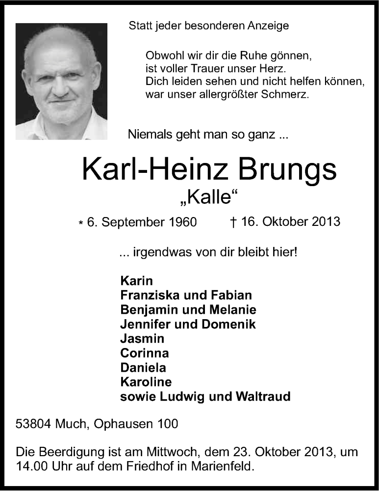  Traueranzeige für Karl-Heinz Brungs vom 19.10.2013 aus Kölner Stadt-Anzeiger / Kölnische Rundschau / Express