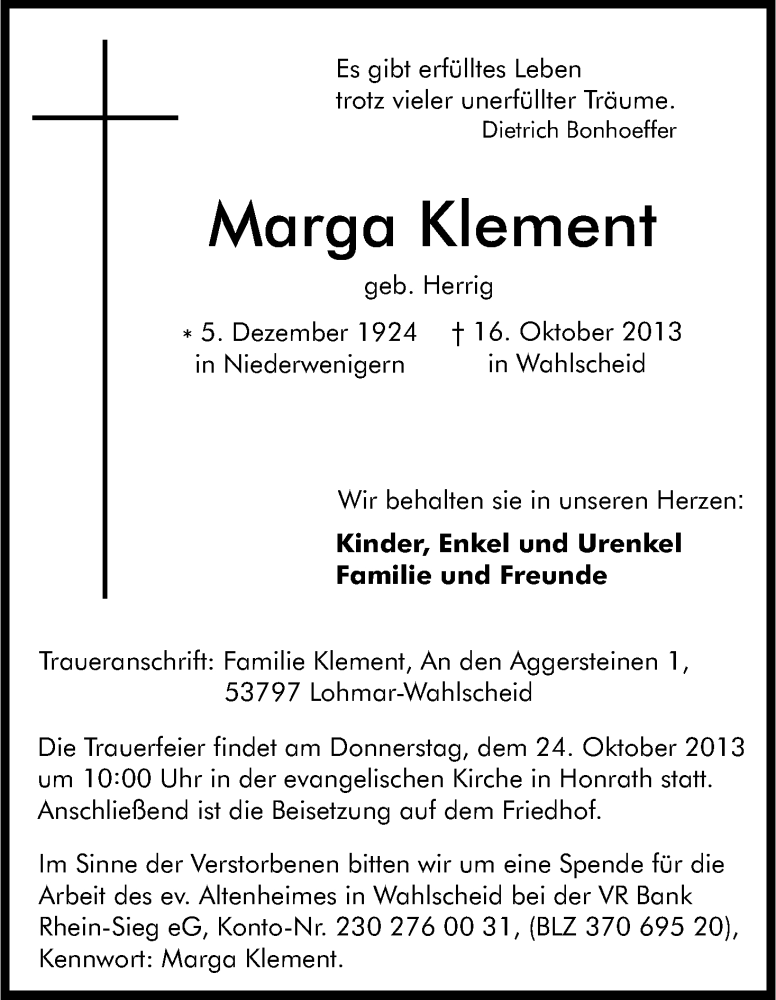  Traueranzeige für Marga Klement vom 19.10.2013 aus Kölner Stadt-Anzeiger / Kölnische Rundschau / Express