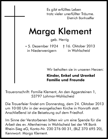 Anzeige von Marga Klement von Kölner Stadt-Anzeiger / Kölnische Rundschau / Express