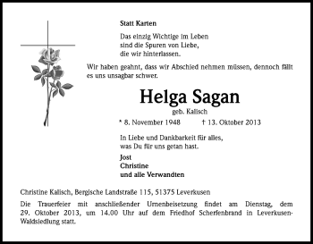 Anzeige von Helga Sagan von Kölner Stadt-Anzeiger / Kölnische Rundschau / Express