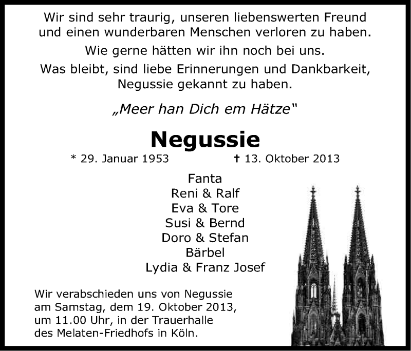  Traueranzeige für Negussie Bekele vom 19.10.2013 aus Kölner Stadt-Anzeiger / Kölnische Rundschau / Express