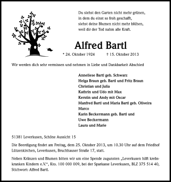 Anzeige von Alfred Bartl von Kölner Stadt-Anzeiger / Kölnische Rundschau / Express