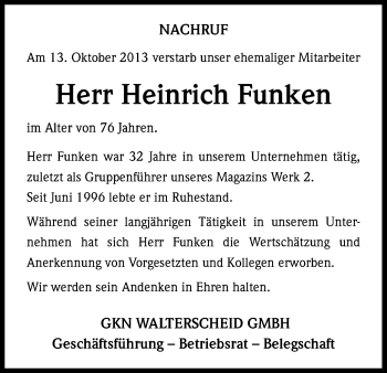 Anzeige von Heinrich Funken von Kölner Stadt-Anzeiger / Kölnische Rundschau / Express